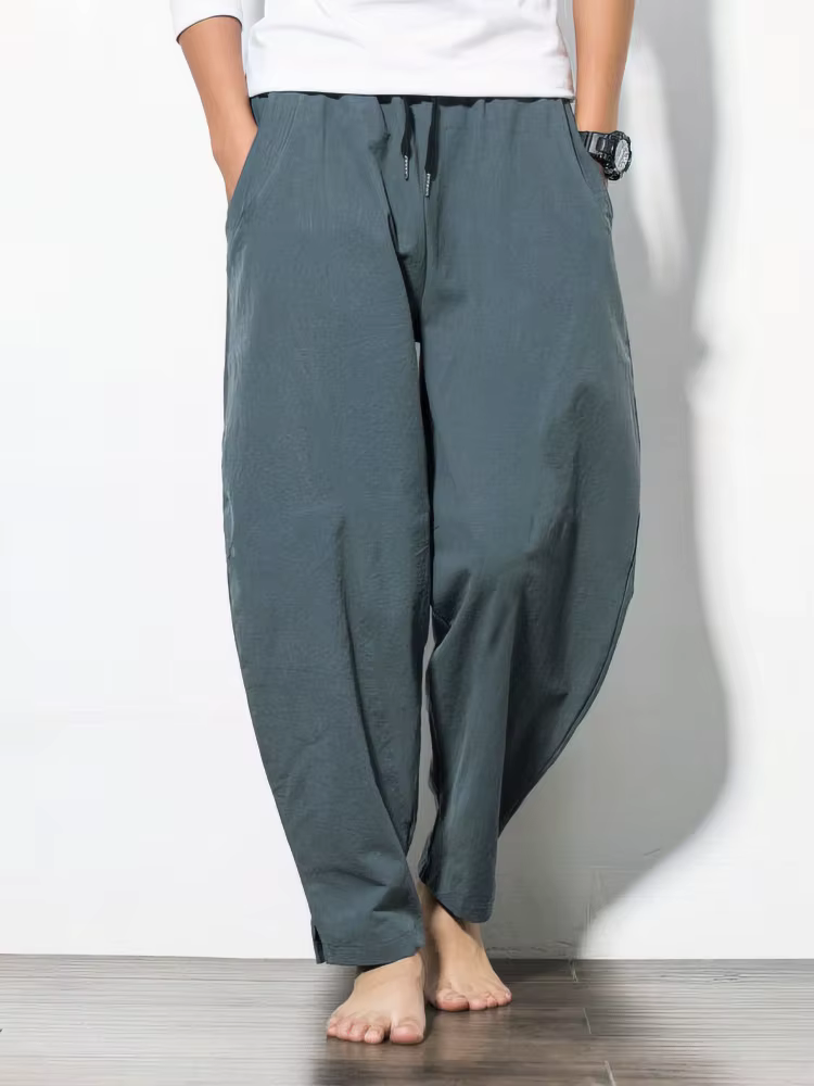 Coton lin survêtement pantalon hommes Baggy pantalon décontracté mâle marche jambe large lâche coton