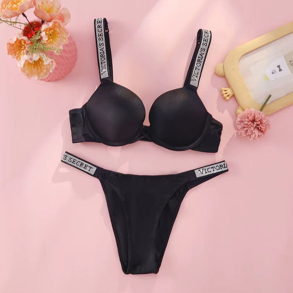 Ensemble soutien-gorge push-up et culotte Victoria's Secret pour femme, bretelles à logo en strass, 