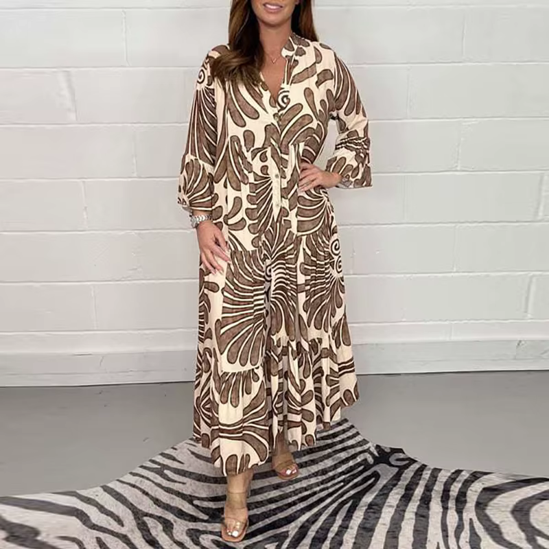 Robe de soirée imprimée à manches 3/4 et col en V pour femmes, robes de vacances de plage décontract