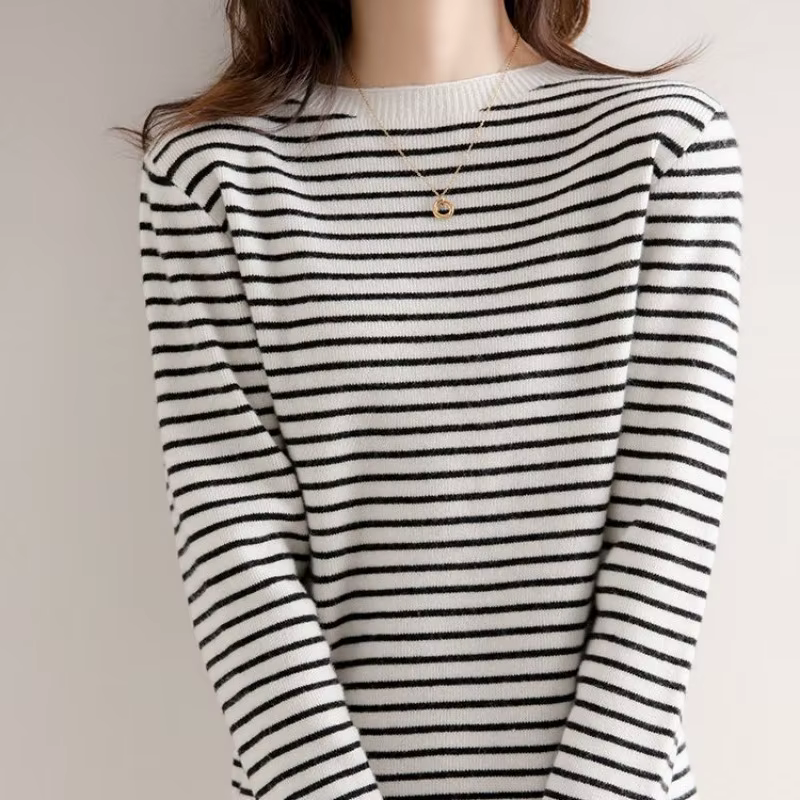 Pull décontracté à manches longues pour femmes, pulls rayés à col rond, pull basique, tricots chauds