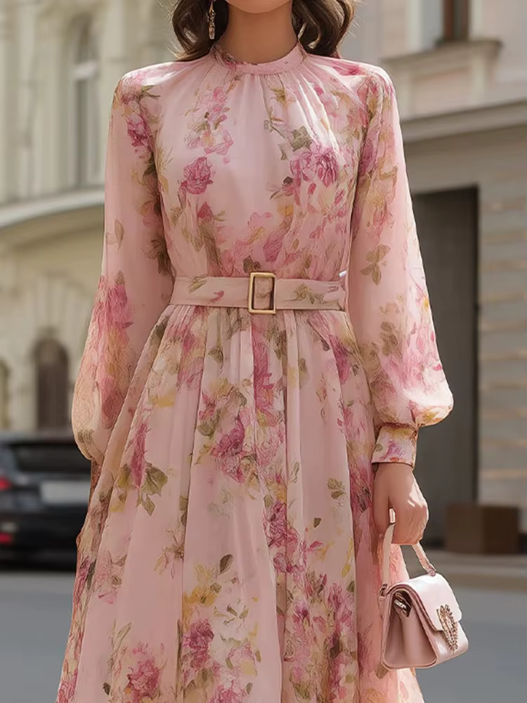 Robe longue chic à imprimé patchwork pour femme, manches bouffantes, col rond, idéale pour les fêtes