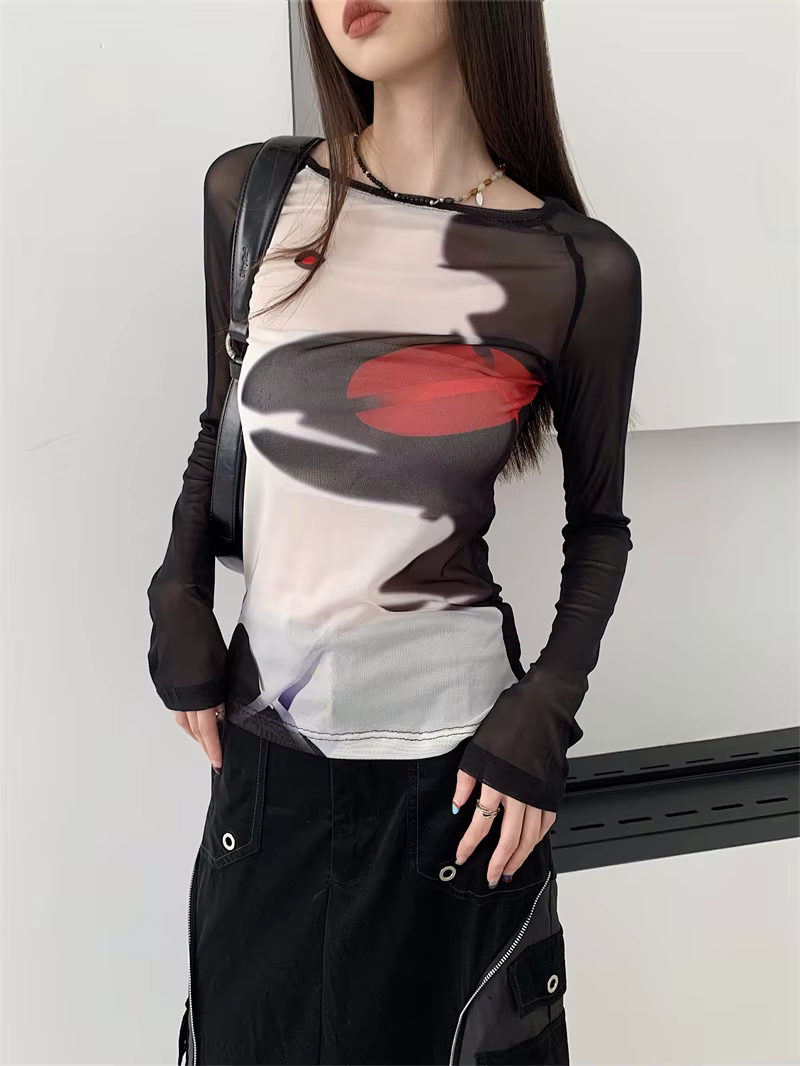 CHEERART – t-shirt manches longues pour femmes, haut en maille, transparent, graphique, à la mode, p