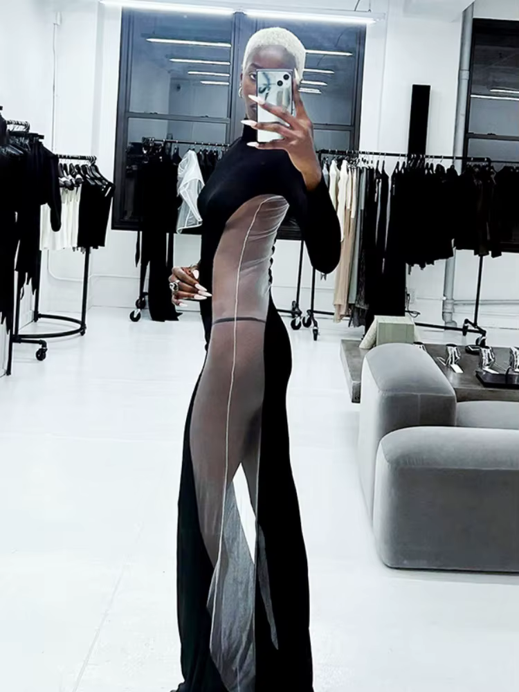 Robe transparente noire pour femme, pull long tambour, vêtements slim, streetwear sexy, patchwork en