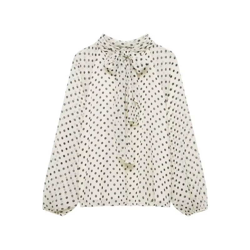 Chemisier élégant à pois pour femme, chemise en mousseline à col superposé et manches lanternes avec