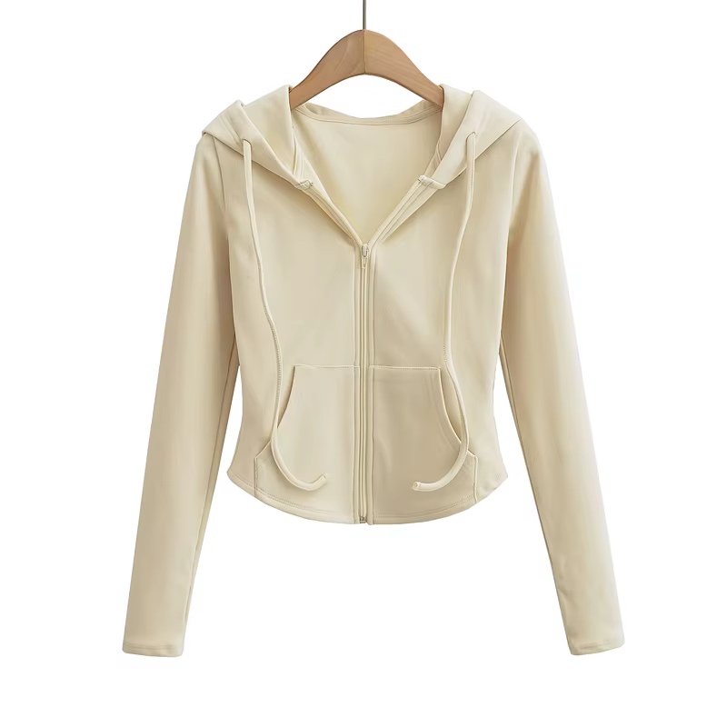 Sweat à capuche court à manches longues pour femmes, haut court, sexy, slim, fermeture éclair complè