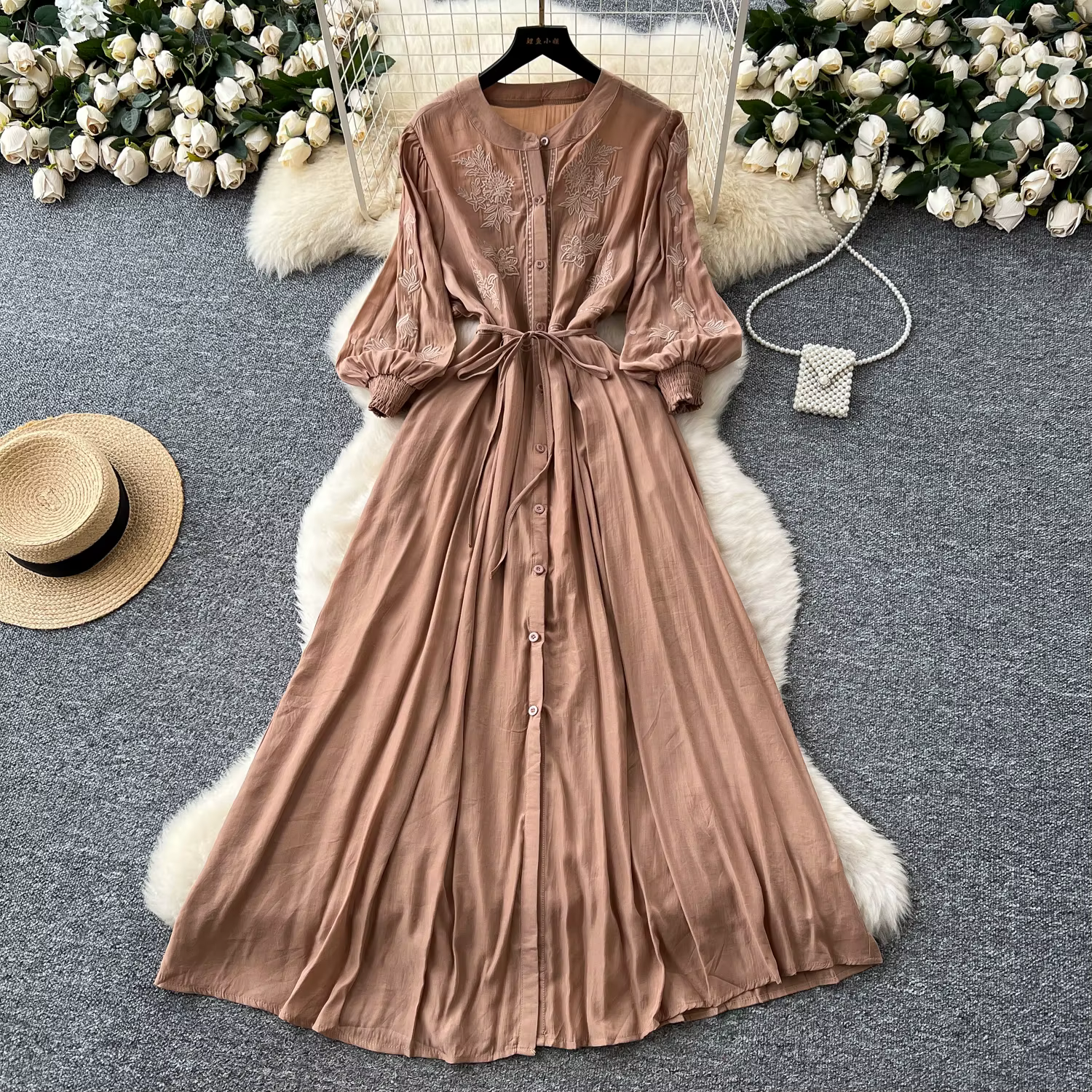 Vintage élégant brodé bouton robe a-ligne Chic décontracté plage vacances femmes robes d'été