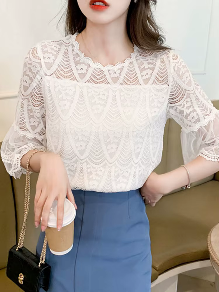 Chemisier en dentelle à fleurs avec doublure pour femme, chemise évidée, manches évasées, col rond, 