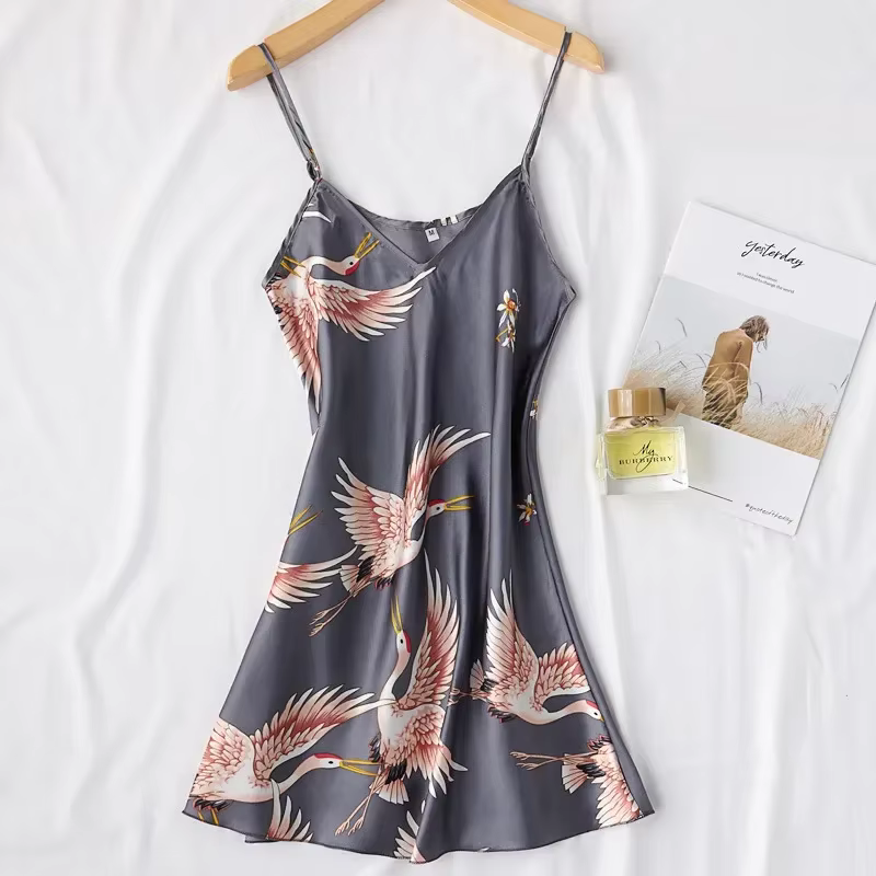 Faux injKimono-Ensemble deux pièces pour femmes, robe sexy, imprimé grue, chemise de nuit et peignoi