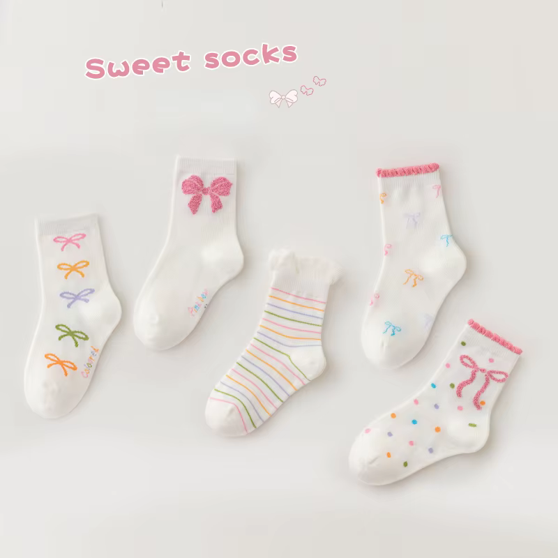 5 paires de chaussettes mi-mollet avec nœud papillon pour enfants filles, en coton peigné sélectionn