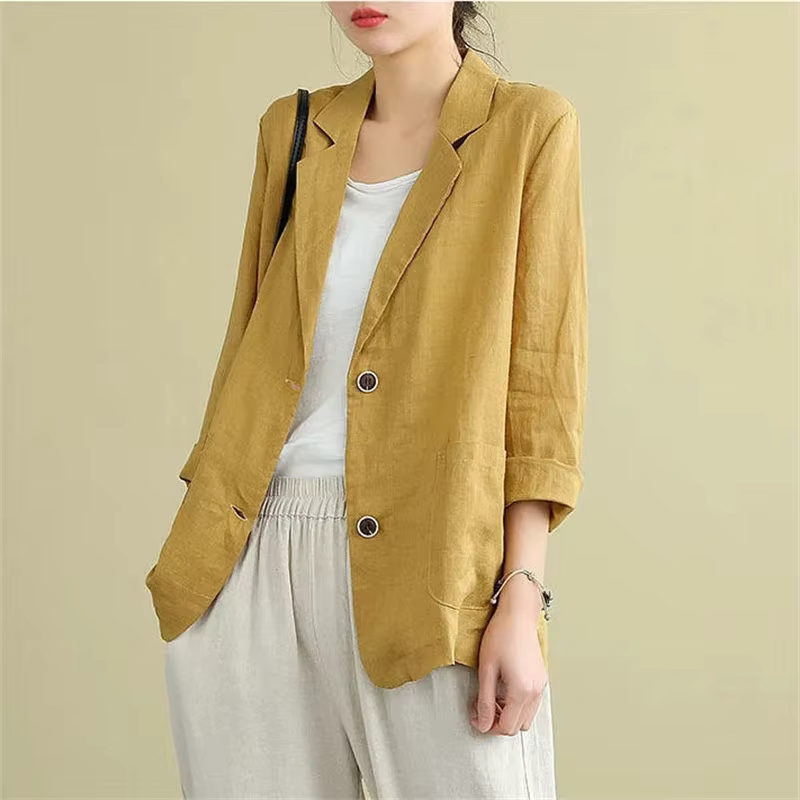 Costumes en coton et lin monochromes pour femmes, blazer fin à manches trois-quarts, veste de protec