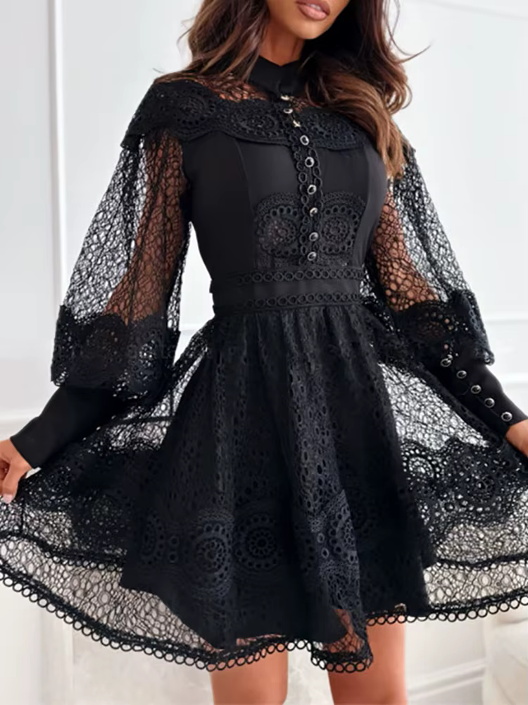 Mini robe à col rond pour femmes, couleur unie, vêtements de détente, mode, ajouré, manches lanterne