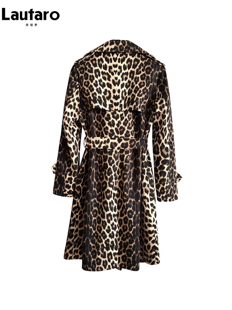 Lautaro printemps automne longue élégant imprimé léopard Trench manteau pour femmes ceinture Double