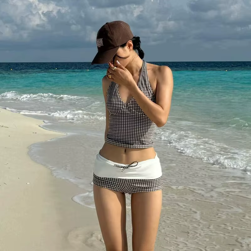 Maillot de bain deux pièces, Sexy, décolleté en V profond, Push Up, taille haute, à carreaux, contrô