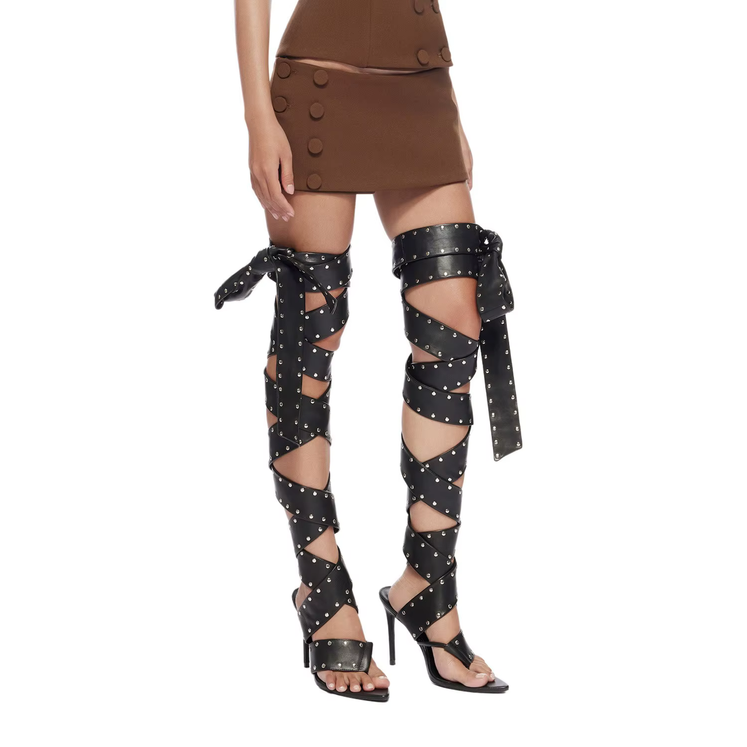 Sandales d'été à talons hauts pour femmes, à lanières à rivets, bout ouvert, fines, sexy, pour soiré
