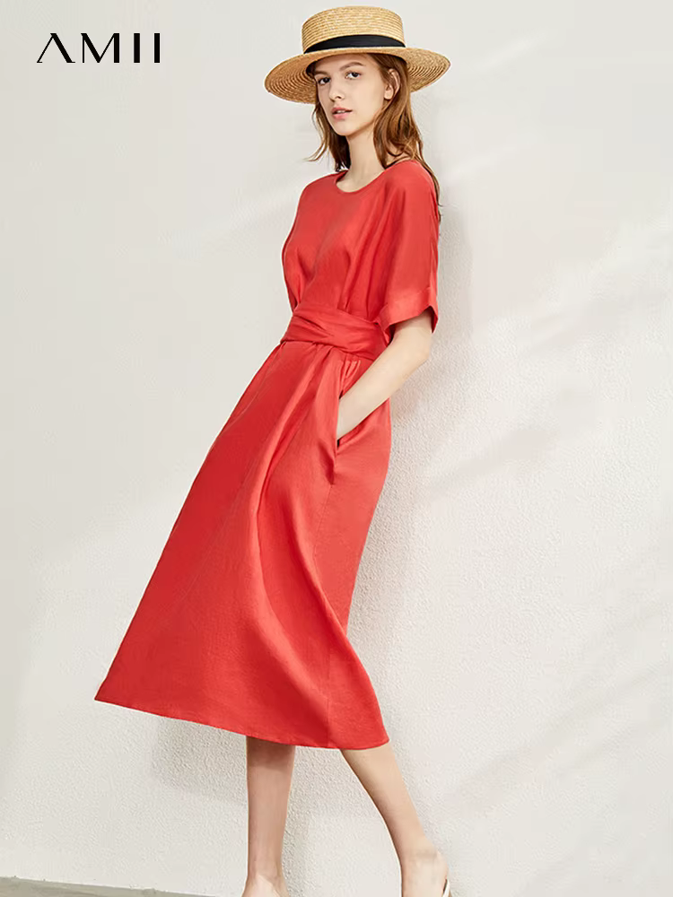 AMII-Robe minimaliste à col rond pour femmes, Niche de lin, Tempérament artistique, Robe éducative, 