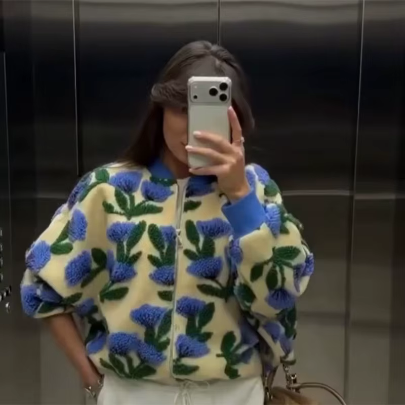 Blouson bomber chic et tendance en polaire à motif floral, zippé, décontracté, pour femme, style rét