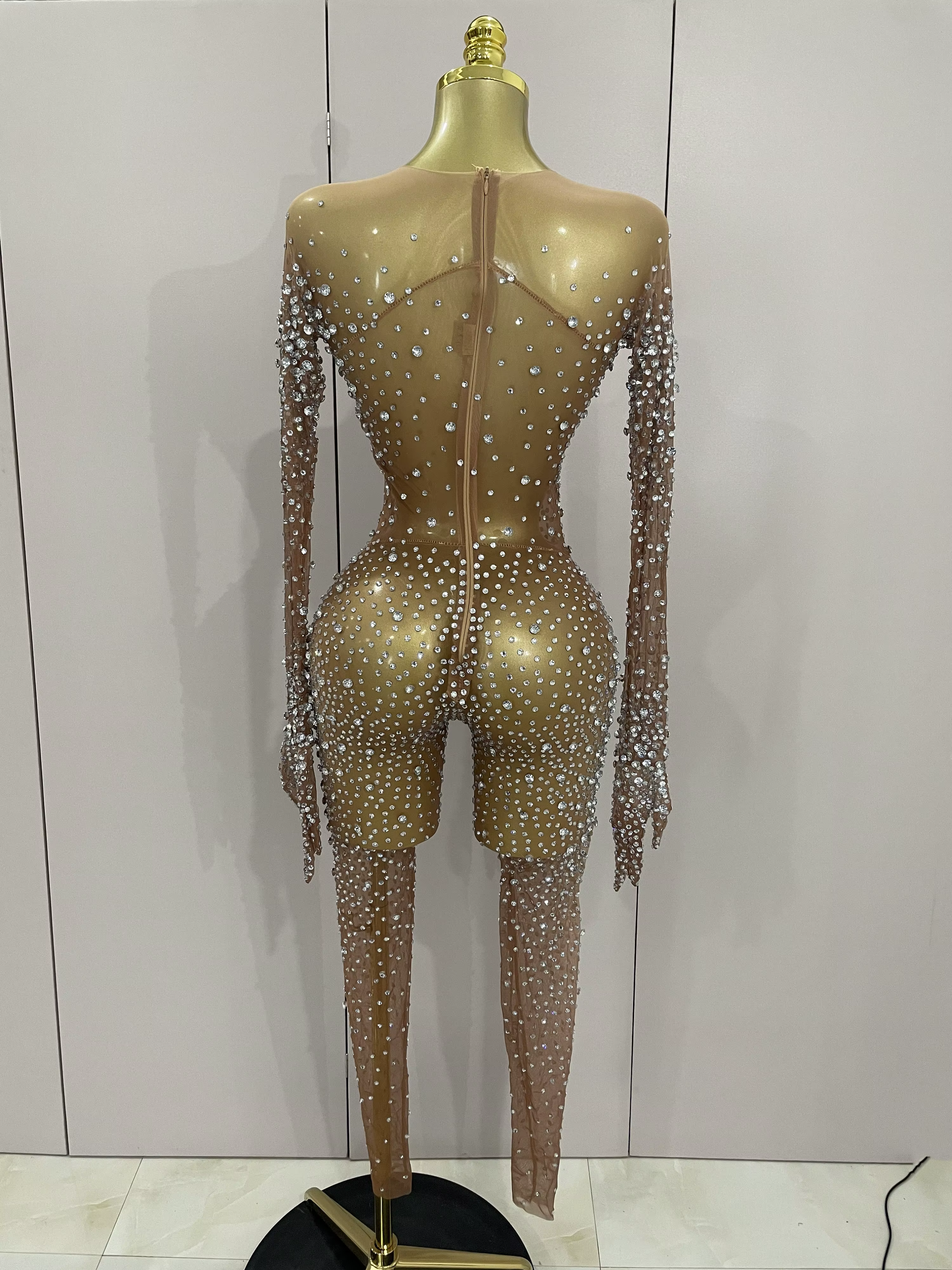 Combinaison de luxe en maille transparente pour femmes, strass scintillants, Sexy, moulante, robe d'