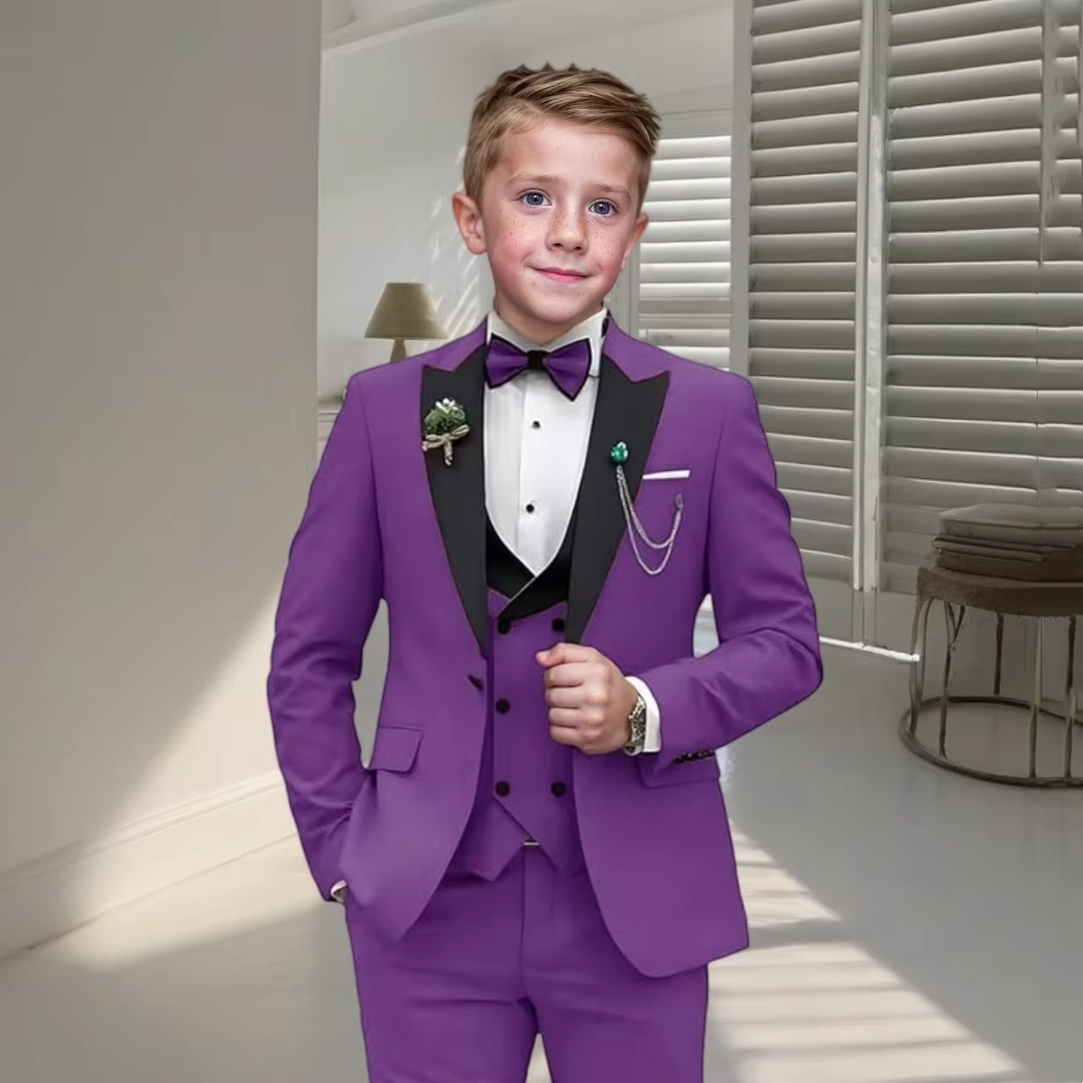 Ensemble de costume formel 4 pièces pour garçon, avec Blazer, gilet, pantalon, nœud papillon, costum