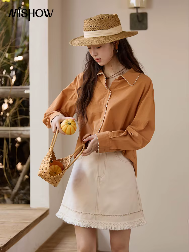MISHOW femmes 100% coton chemise 2025 automne coréen revers col en v simple boutonnage hauts dentell