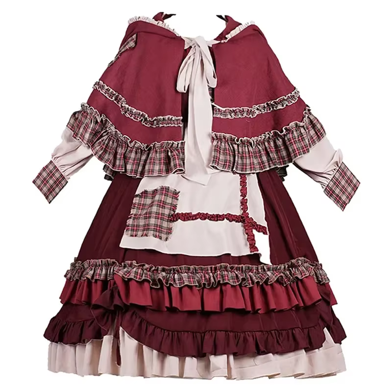 Robe Lolita pour filles, Vintage, Patchwork, robes rouges avec cape, mignonne, Bing Cosplay, petit c