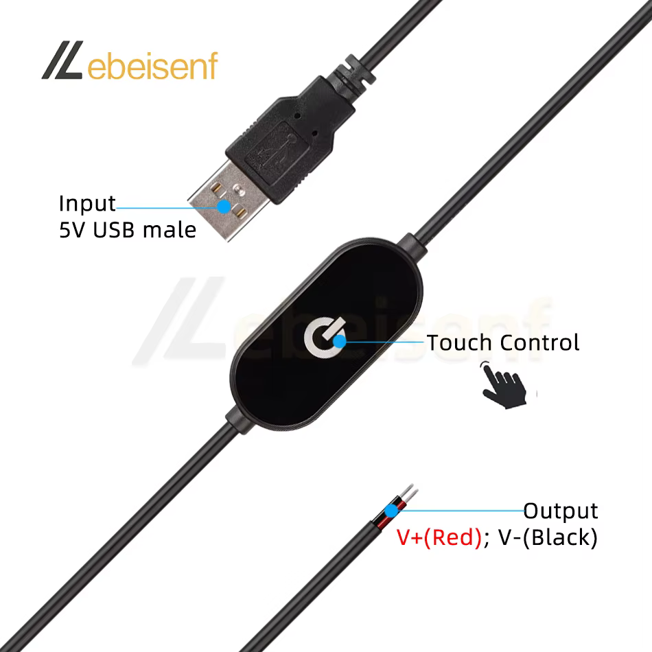 Câble de commutation de gradation tactile USB 2A 5V, 1.5M, USB 2.0A à 2 fils de sortie 5-100%, contr