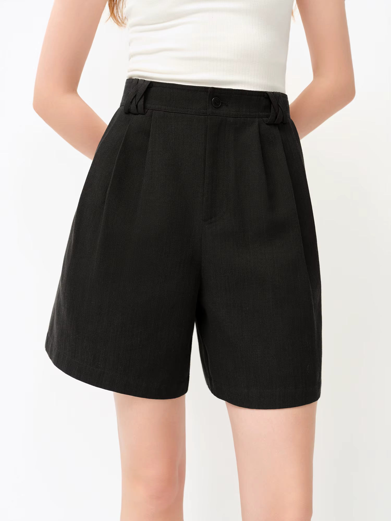 Shorts décontractés classiques en mélange de lin pour femme FSLE 2026 - Couleur unie, coupe régulièr