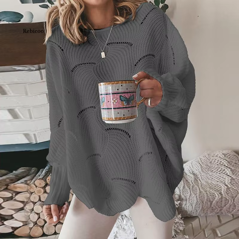 Pull à manches lanternes pour femme, élégant, ample, tricoté, décontracté, col ras du cou, couleur u