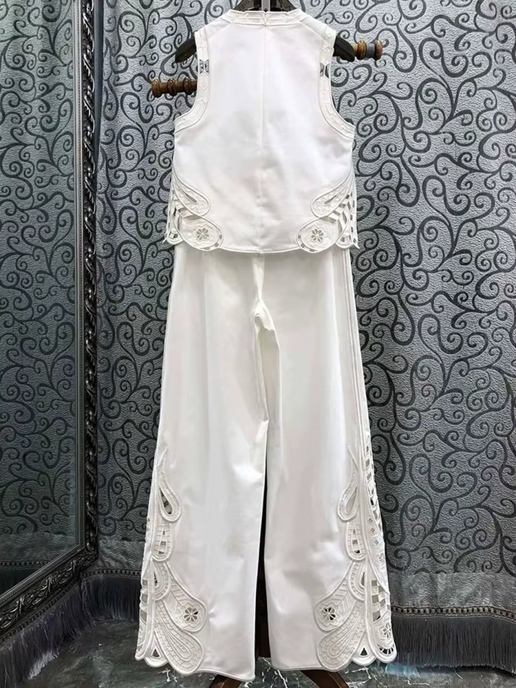 Printemps/été 2025 nouveau haut sans manches à col rond creux brodé + pantalon droit décontracté mod