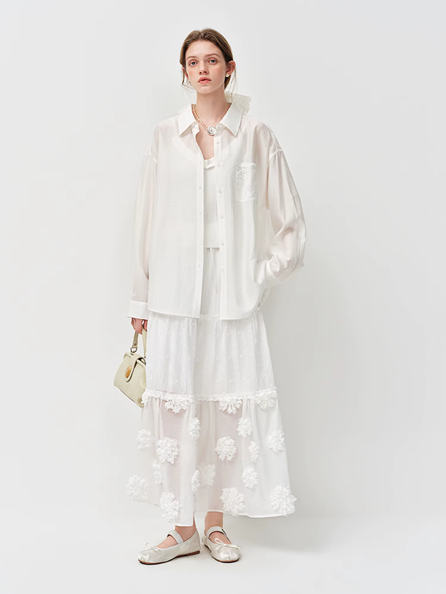 Jupe midi superposée FSLE 2026 pour femme, jupe trapèze blanche brodée de fleurs 3D pour un style ré