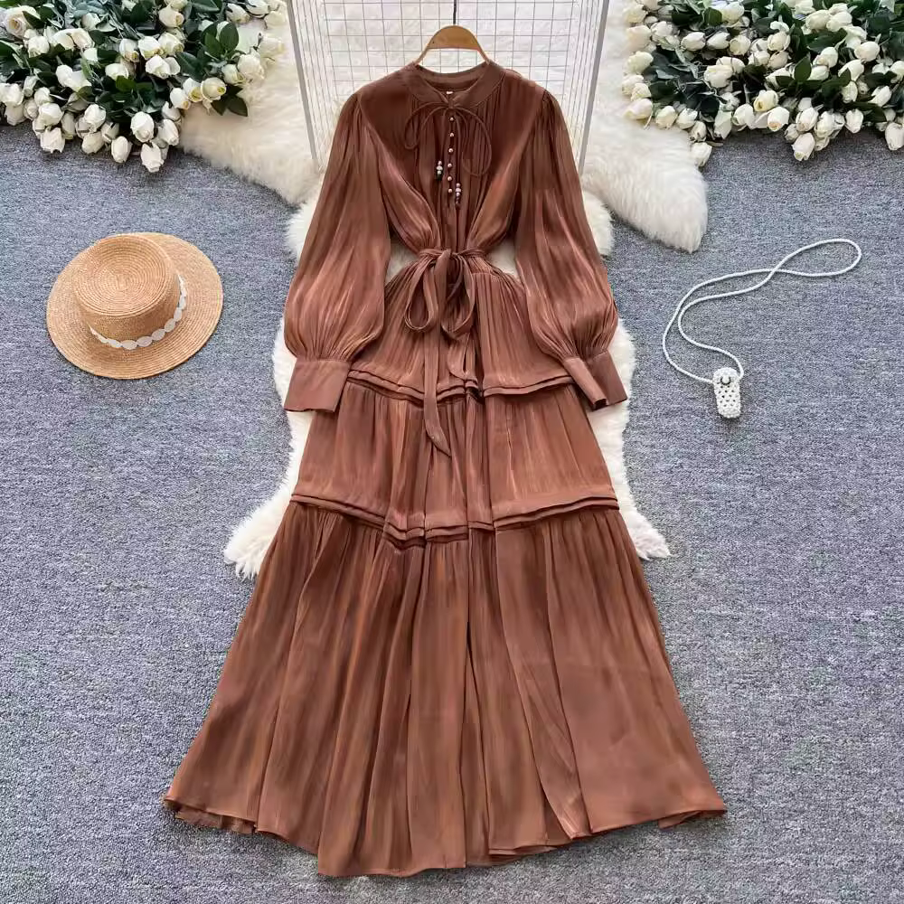 Robe longue en Satin pour femmes, élégante, manches longues, robe de soirée, mariage, Vintage, chemi