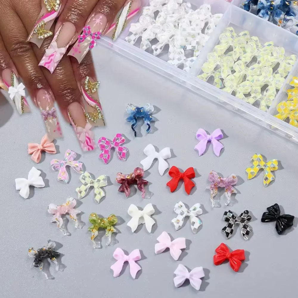 Breloques pour ongles avec nœud papillon/ruban 3D, 12/24 grilles, nœuds en résine Kawaii Y2K, strass