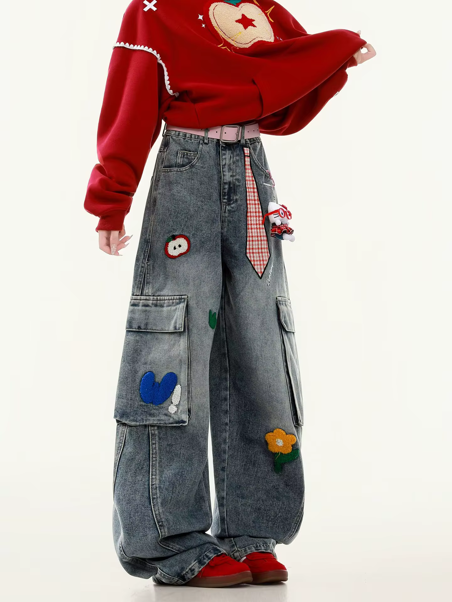 Jean brodé Harajuku pour femmes, style américain décontracté, rétro, jambe droite, pantalon large, Y
