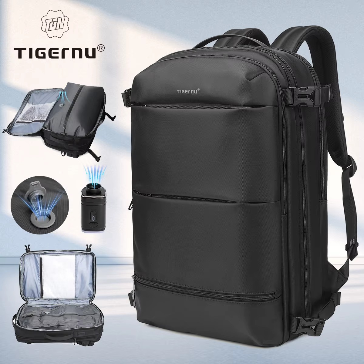 Sac à dos de compression sous vide Tigernu pour hommes, sac à dos de voyage extensible avec port USB
