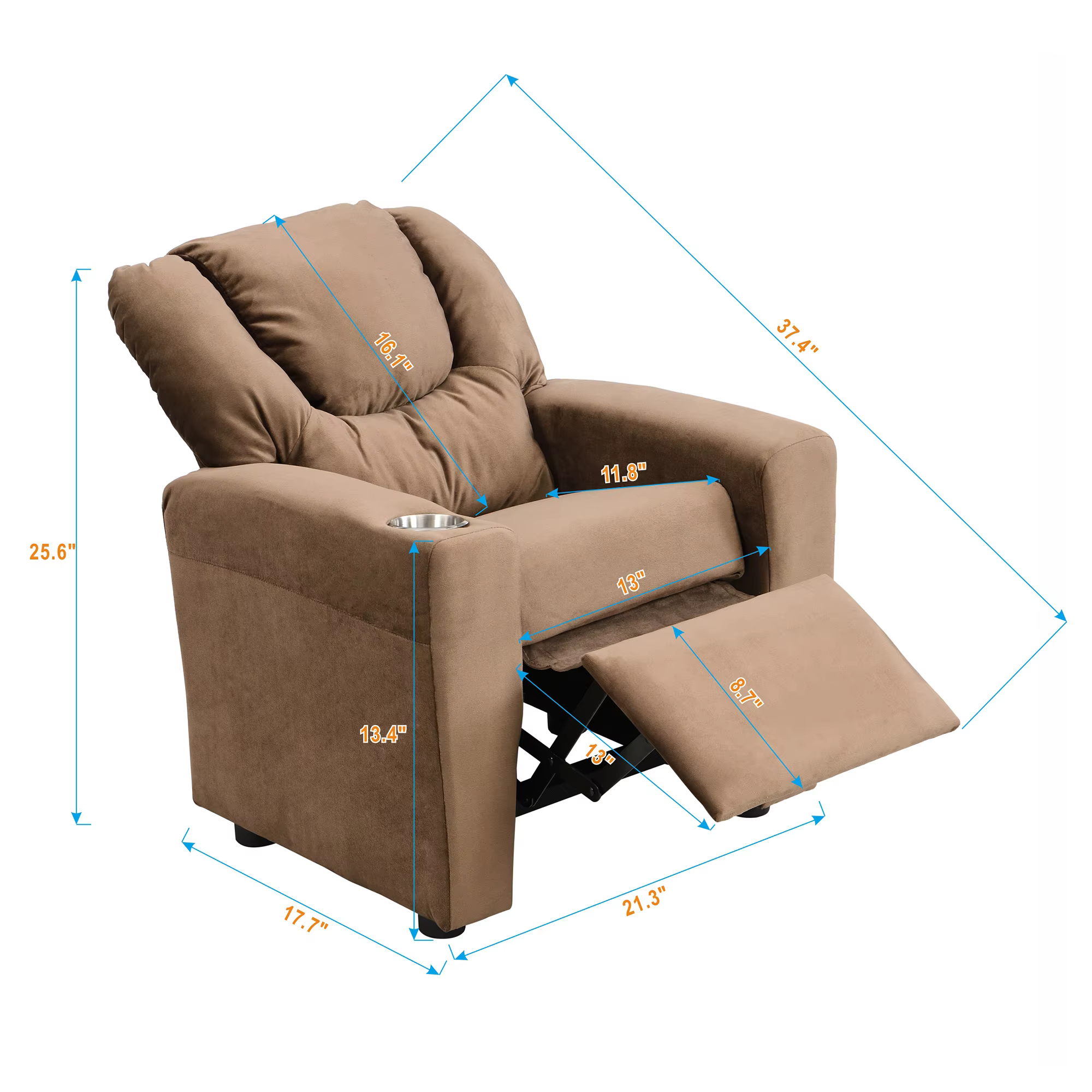 Fauteuil inclinable en velours pour enfants, canapé avec porte-gobelet, repose-pieds, dossier, enfan