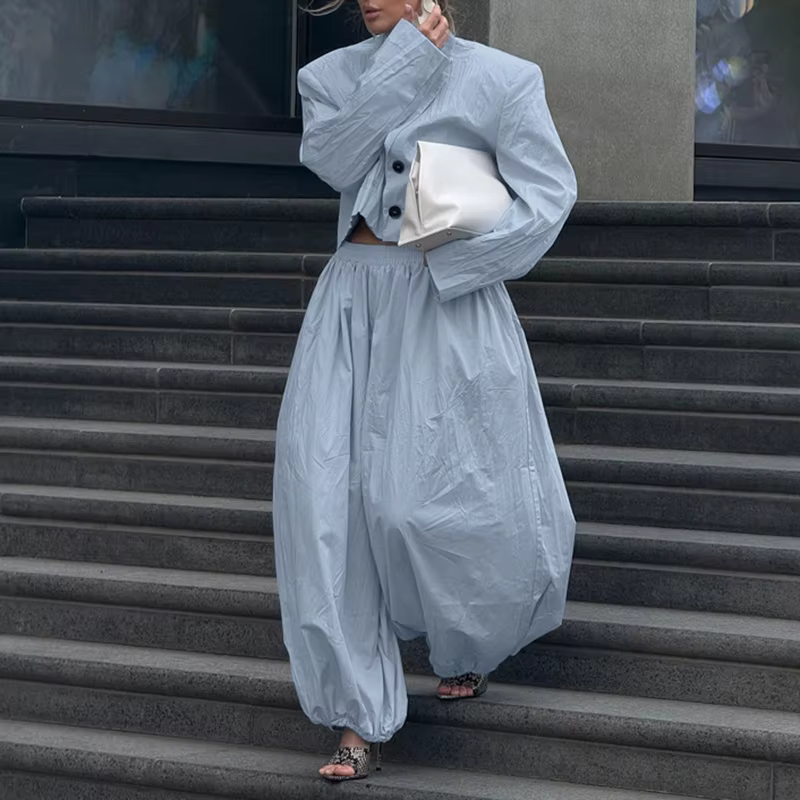 Ensembles de chemises à col en V boutonnées et pantalons à jambes larges pour femmes, printemps-été,
