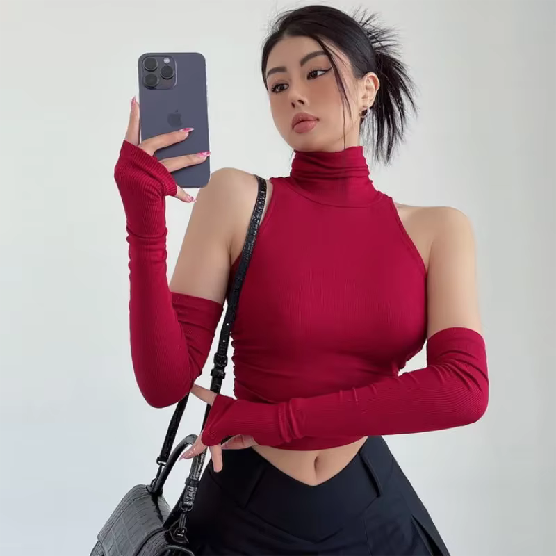 2025 nouveau épicé filles Y2k hauts manches longues Sexy col roulé débardeur pour femmes coupe ajust