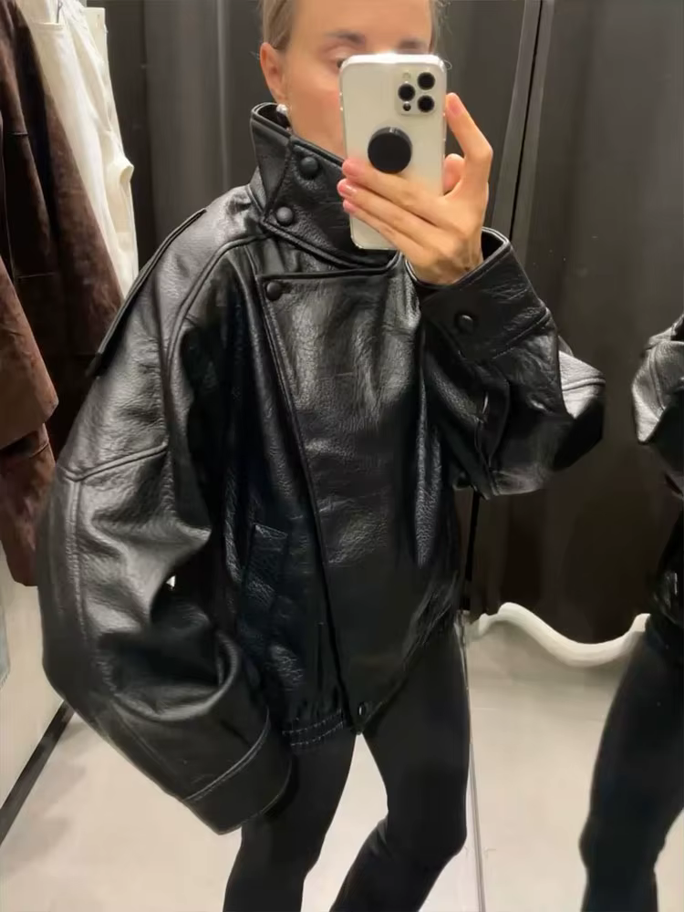 HH automne veste en simili cuir pour femmes décontracté solide fermeture éclair manches longues en c