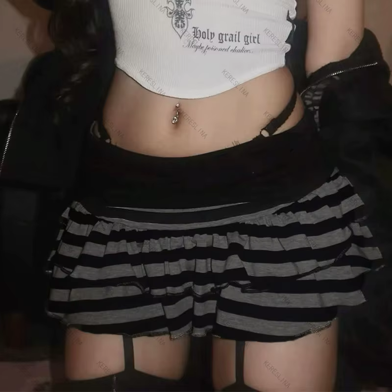 Mini jupe à volants rayée noire et grise, vêtements pour femmes Y2K Grunge, taille haute, taille éla