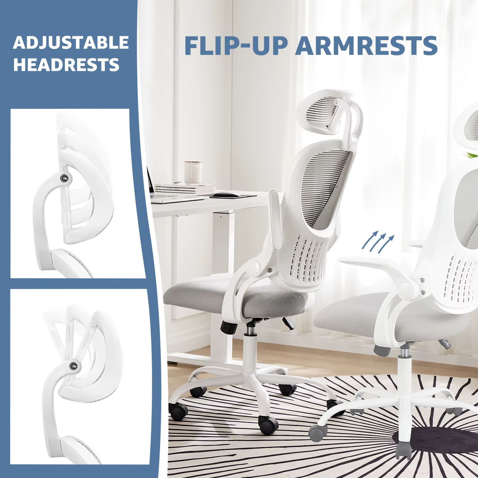 JHK – chaise de bureau ergonomique en maille, bras rabattables, appui-tête réglables, Support lombai
