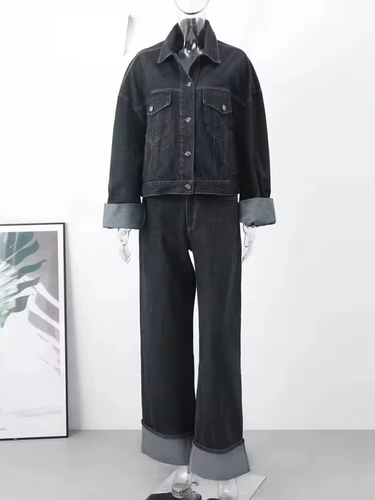 Pantalon en Denim taille haute pour femme, jambes larges + manches longues avec poches à rabat, mant