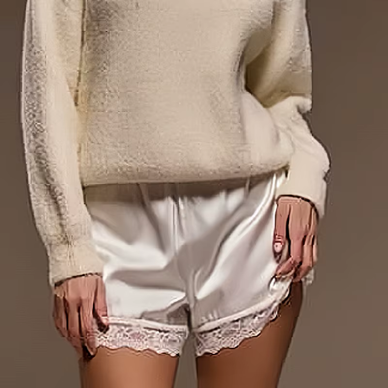 Short de salon en Satin pour femmes, taille élastique, dentelle, Patchwork, pyjama ample, vêtements 