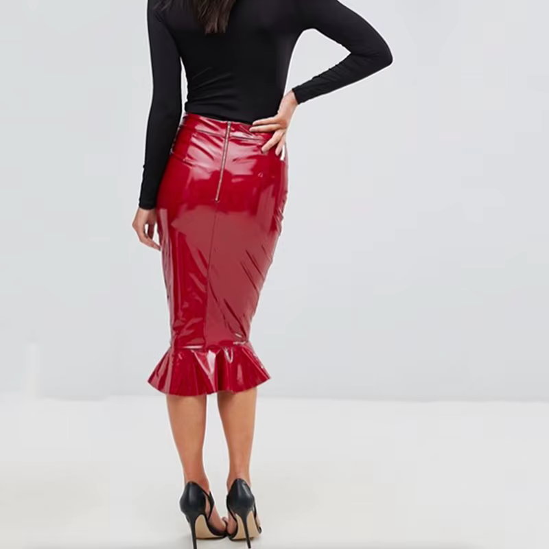 Jupe mi-longue à volants en faux latex pour femmes, jupes Hobble, cuir PU brillant, extensible, tamb