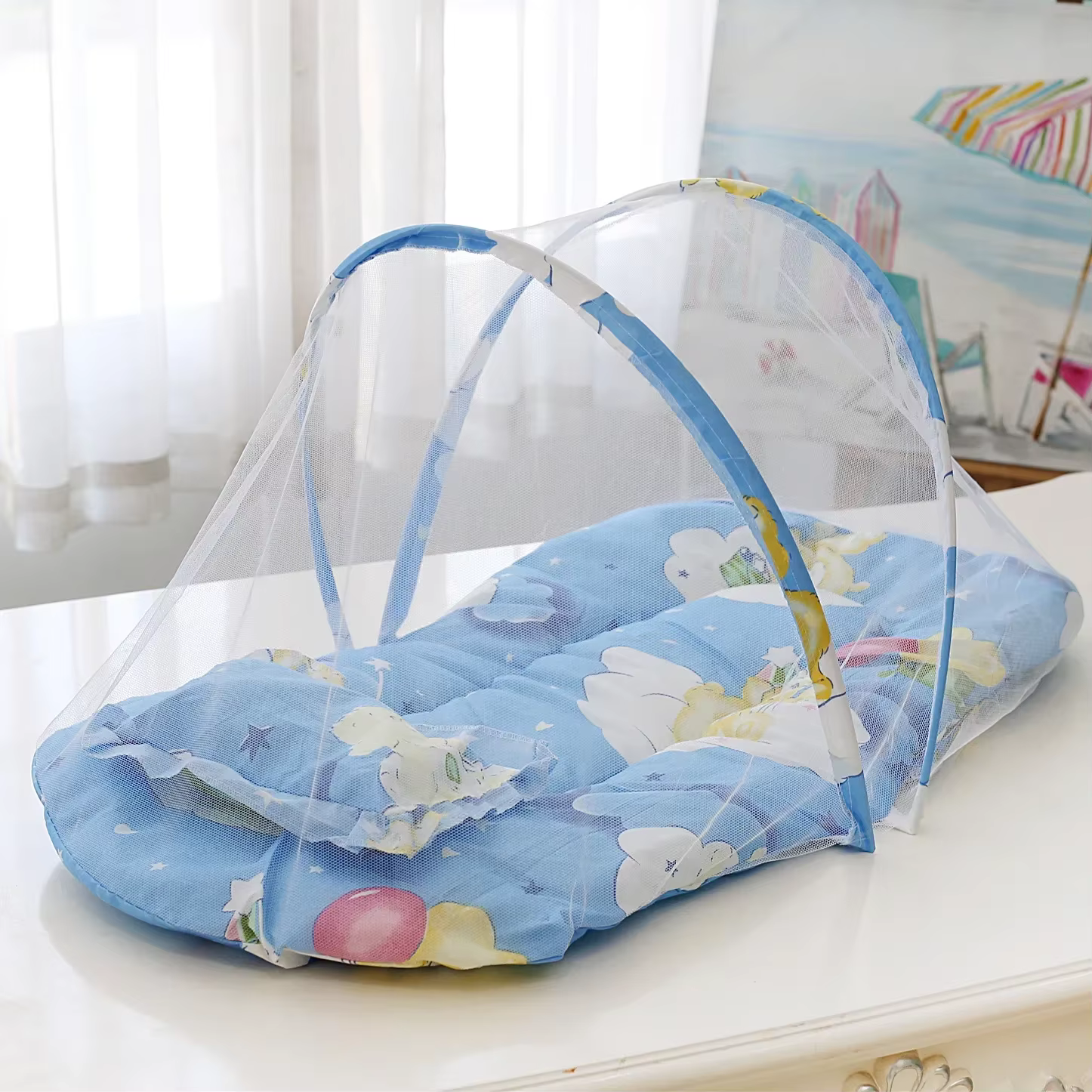 Moustiquaire Portable Pliable pour Lit de Bébé, Filet CPull en Polyester avec Oreiller et Rembourrag