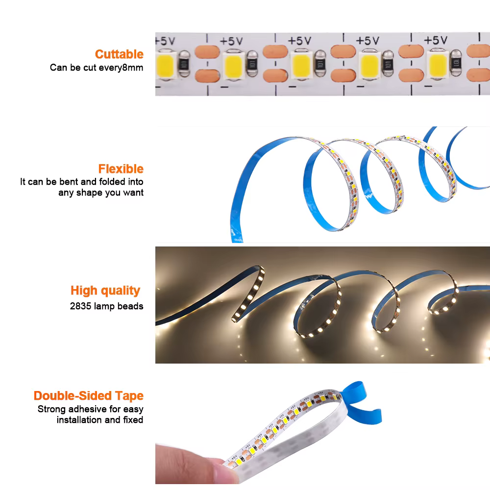 Bande lumineuse LED Flexible, 5V, 2835, 3mm, 5mm, 8mm, largeur PCB, 120 diodes/m, fil USB/2 broches,