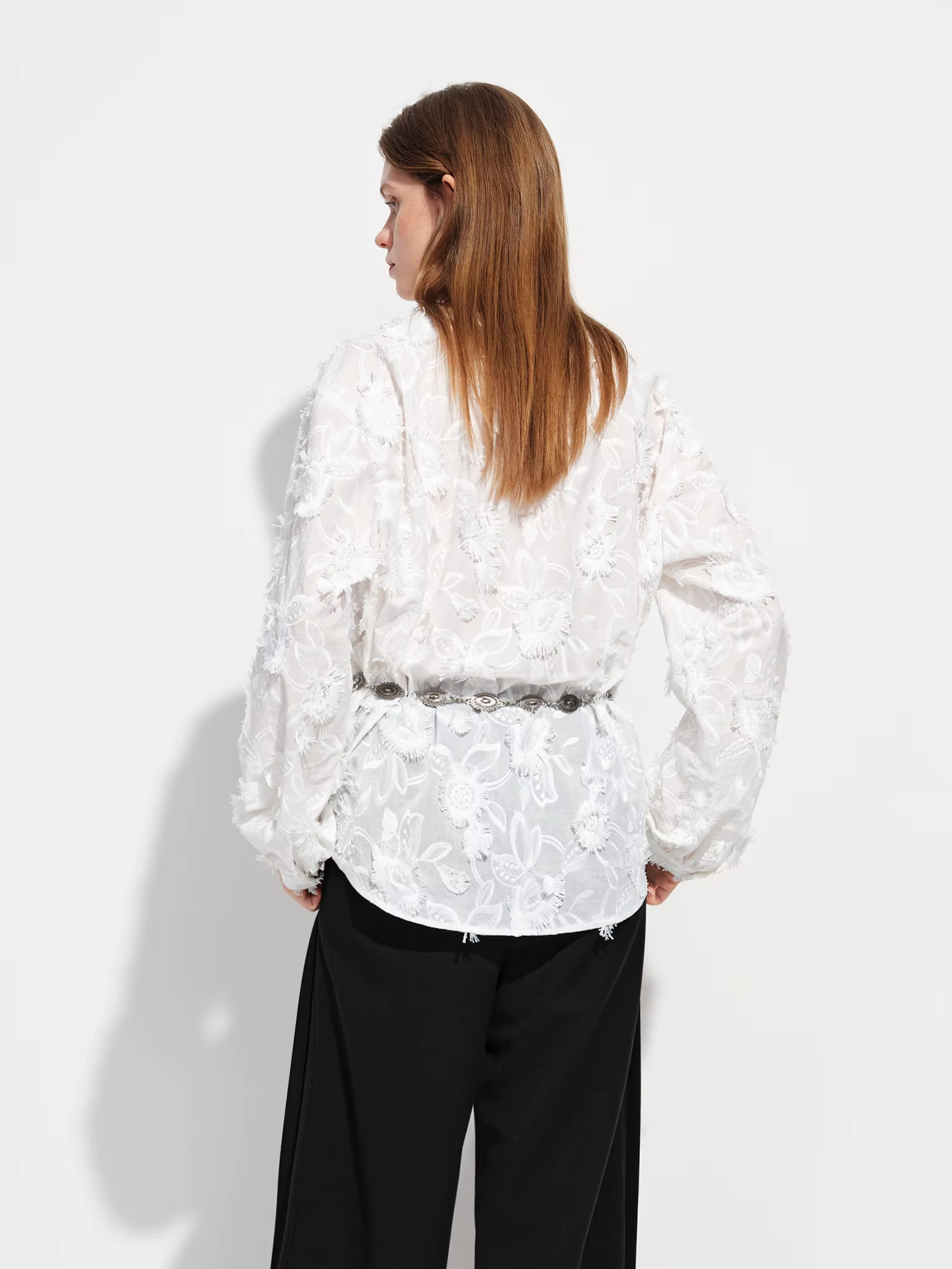 FSLE 2026 Nouvelle Blouse Femme Printemps-Été à Col Rond en Jacquard 3D, Chemise de Bureau à Manches