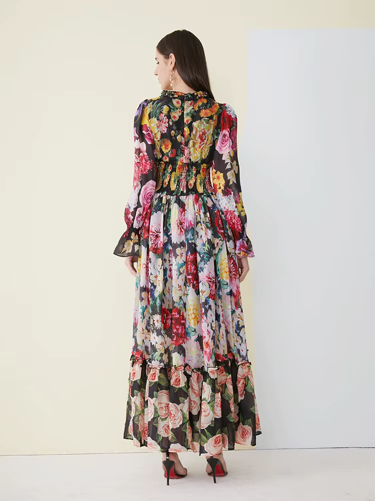 Robe d'été élégante en mousseline de soie pour femmes, imprimé floral, manches longues, col à volant