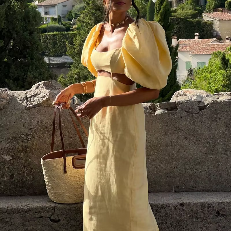 Robe de soirée à manches bouffantes pour femmes, taille creuse, robe d'été élégante, couleur unie, c