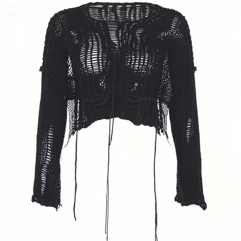 Solide Slash cou Grunge tricoté femmes pull trou déchiré pull haut court Harajuku évider Sexy été pu