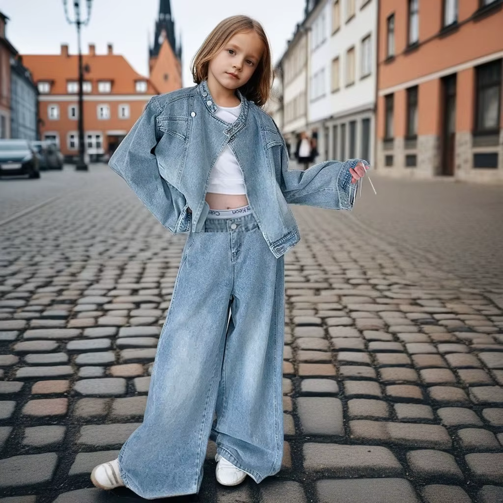 Ensemble de vêtements en Denim pour adolescentes, veste bleue + jean à jambes larges, 2 pièces, tenu