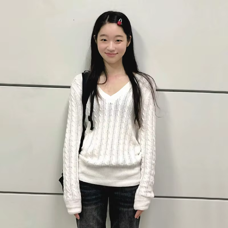 Karrram japonais Y2k col en v blanc pull Vintage Harajuku tricot mince pull Style coréen automne hiv
